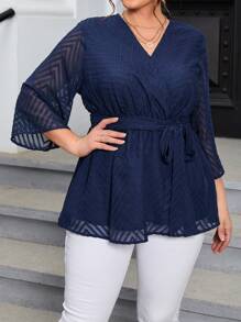 SHEIN Privé Plus Solid Belted Wrap Blouse - Navy Blue - View 6