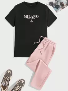 GENTILAND Nam Đồ họa Chữ cái Áo thun & Eo dây rút Quần - Hồng - Xem 1