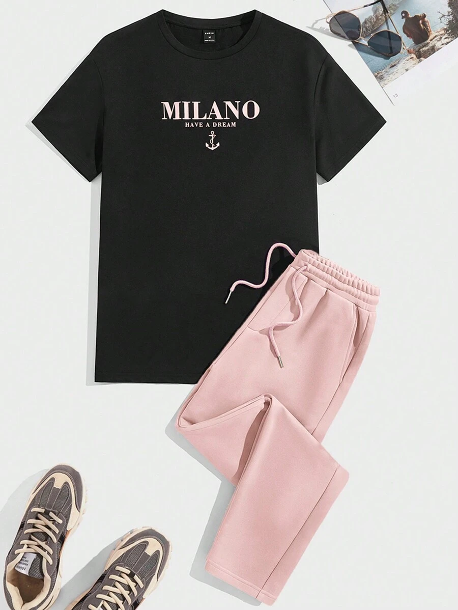 GENTILAND Nam Đồ họa Chữ cái Áo thun & Eo dây rút Quần - Hồng - Xem 1