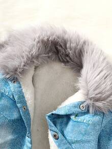 SHEIN 女小童毛茸邊毛絨內襯連帽夾克 - 淺色水洗藍 - 查看 4