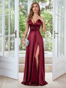 MUXXN Satin High Slit Formal Dress, Party Dress, Evening Gown, Cocktail Dress, Wedding Guest Dress - Burgundy - View 3