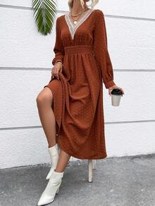 SHEIN VCAY 圓點水溶蕾絲拼接燈籠袖洋裝 - 鏽棕色 - 查看 5