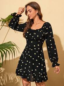 Soleia Floral Print Ruffle Hem Dress - Black - View 4