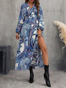 SHEIN VCAY Paisley Print Lantern Sleeve Dress - Multicolor - View 4