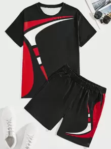 Manfinity RelaxMax 男士撞色T恤和短褲 - 黑色 - 查看 4