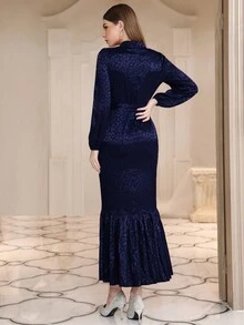 豹紋提花貼花腰帶魚尾裙下擺洋裝 - 藍色 - 查看 2