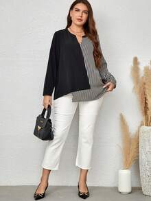 EMERY ROSE Talla grande Blusa con estampado de rayas bajo asimétrico - Blanco y Negro - Ver 4