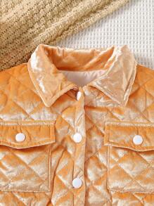 SHEIN 青少年女孩翻盖口袋绗缝腰带夹棉外套和裙子 - 杏色 - 查看 4