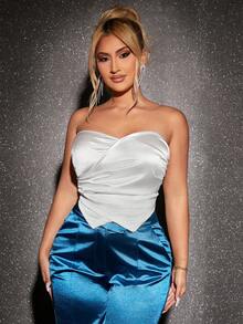 SHEIN SXY Ruched Side Asymmetrical Hem Satin Tube Top - White - View 3