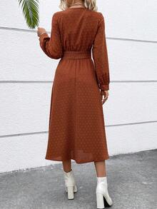 SHEIN VCAY 圓點水溶蕾絲拼接燈籠袖洋裝 - 鏽棕色 - 查看 2