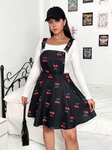 Flirla 大碼櫻桃圖案背帶洋裝不帶T恤 - 黑色 - 查看 3