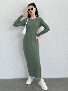 青少年女孩素色T恤和高衩半身裙 - 綠色 - 查看 1