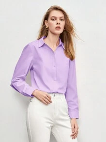 BizChic Jednolity Guziki z przodu Koszula - Liliowy fioletowy - Zobacz 4