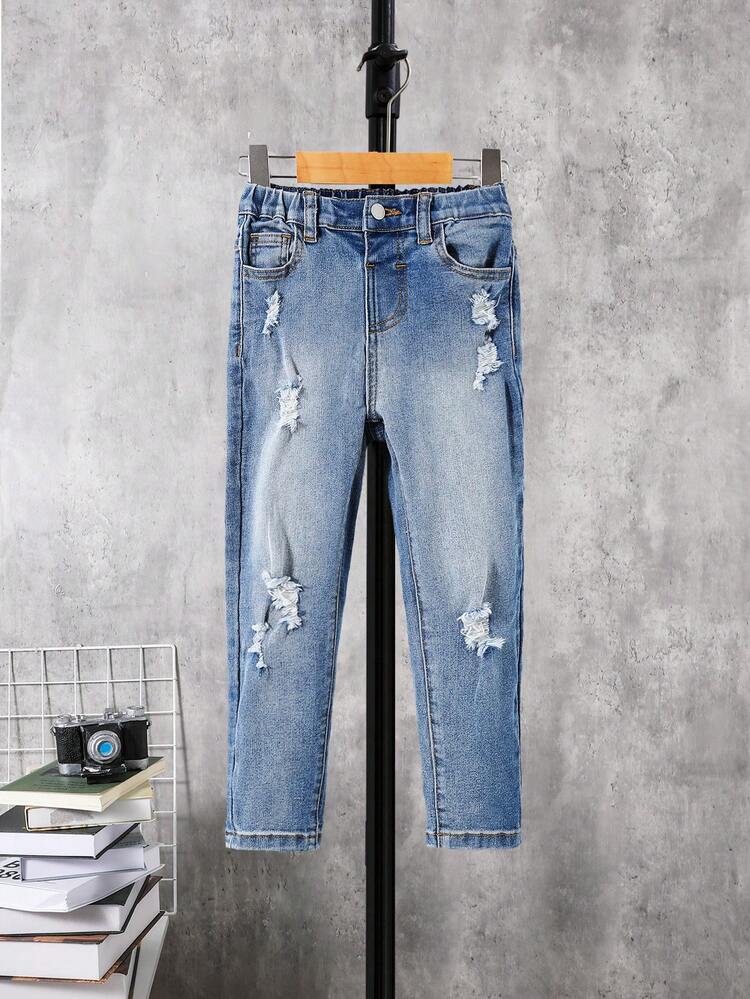 Chico joven Jeans desgarro crudo con lavado - Azul lavado medio - Ver 3