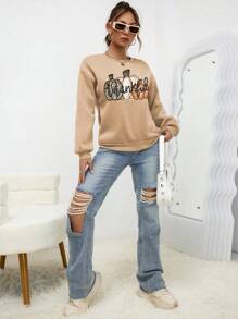 INAWLY Áo nỉ tay rớt vai in hình bí ngô, áo nỉ mùa thu. - Màu Khaki - Xem 3