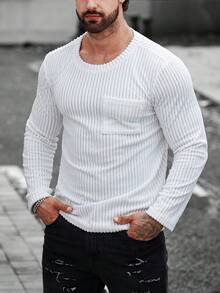 Manfinity Homme Nam In sọc Vá Túi Áo thun - trắng - Xem 7