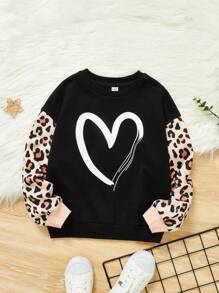 SHEIN Tween女孩織花撞色圓領休閒心形和豹紋印花運動連帽衫 - 黑色 - 查看 1