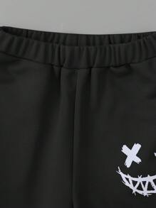 SHEIN Tween Boy Letter Patched Pullover & Expression Print Sweatpants & Bag - Black - View 7