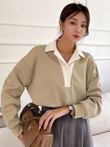 DAZY Women's Contrast Color Fleece Polo Collar Drop Shoulder Long Sleeve Casual Sweatshirt, Autumn - Khaki - View 1