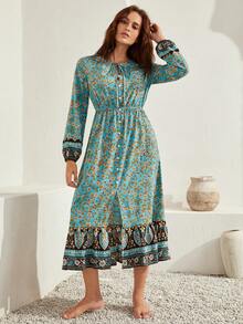 Bohemela 小碎花燈籠袖荷葉邊洋裝不附腰帶