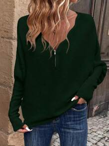 SHEIN Essnce 半拉鏈門襟蝙蝠袖套頭毛衣 - 軍綠色 - 查看 4