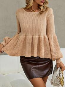 SHEIN Clasi Lantern Sleeve Peplum Hem Knit Pullover Fall Winter Sweater - Khaki - View 1
