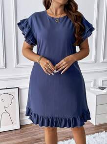 Celure Plus Solid Ruffle Trim Dress - Blue - View 1