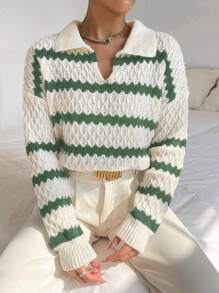 Chiquease Striped Pattern Drop Shoulder Pointelle Knit Sweater Knit Pullover Fall Winter Outfit - Green - View 1