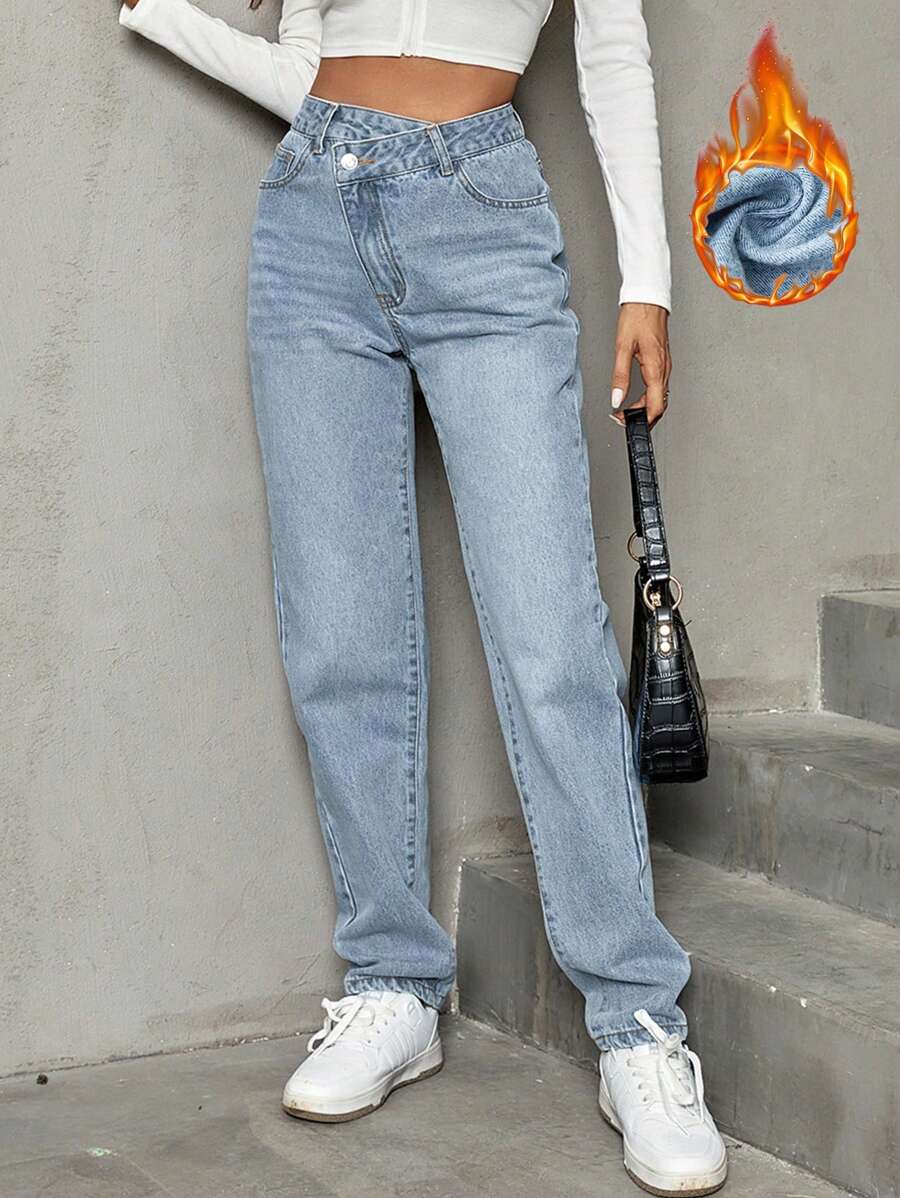 SHEIN Frenchy 腰部交疊直筒加絨內裏牛仔褲 - 藍色 - 查看 1