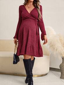 SHEIN Thai sản Tay áo loe Nút ven Xù Hoa Sen Váy quấn - Màu Đỏ Sâu - Xem 5