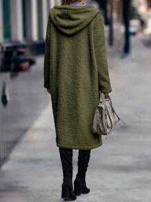 SHEIN LUNE Double Breasted Hooded Teddy Coat - Army Green - View 2