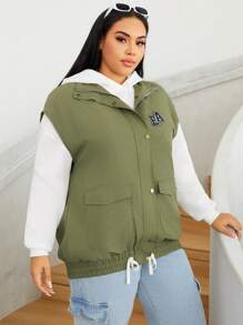 SHEIN EZwear Plus Letter Patched Flap Pocket Drawstring Hem Vest Jacket Without Hoodie