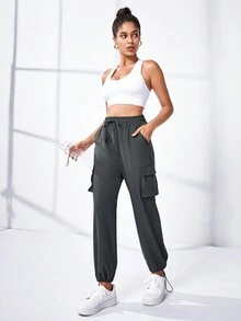 Easithlete 側翻蓋口袋腰部抽繩工裝運動褲 - 深灰色 - 查看 4