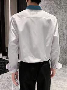 Manfinity Hypemode 男士對比色拼接口袋鈕領長袖襯衫 - 白色 - 查看 2