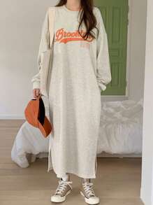 DAZY 字母图案落肩开衩下摆T恤连衣裙，秋装长袖连衣裙 - 灰色 - 查看 1