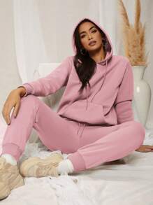 SHEIN SXY Drop Shoulder Drawstring Thermal Lined Hoodie & Sweatpants - Pink - View 5