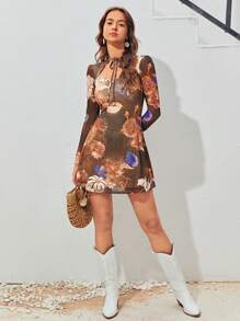 SHEIN Unity Vestido con estampado floral de cuello con cordón con abertura delantera de malla - Multicolor - Ver 6