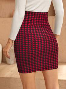 SHEIN Privé Lace Up Front Houndstooth Bodycon Skirt - Red - View 2
