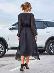 RueChic Contrast Mesh Lantern Sleeve Dress Without Belt - Black - View 2