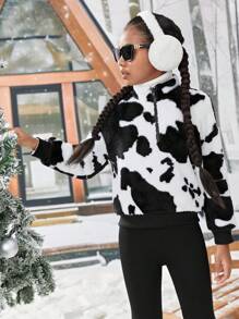 女大童奶牛圖案半拉鏈毛茸茸運動衫 - 黑與白 - 查看 2