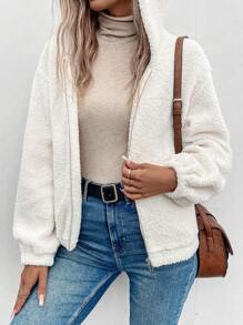 SHEIN LUNE Drop Shoulder Hooded Teddy Coat - White - View 6