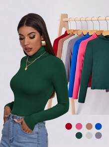 RueChic 女士高领修身绿色弹性长袖高领 T 恤 - 墨綠色 - 查看 5
