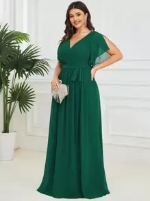 EVERPRETTY Elegant V-Neck Ruffle Petal Sleeve Floor Length Green Wedding Guest Bridesmaid Dress, Spring/Summer - Dark Green - View 5