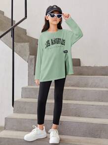 SHEIN Tween Girl Letter Graphic Split Hem Drop Shoulder Tee & Leggings - Mint Green - View 2