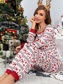 Conjunto de pijama con estampado de Navidad ribete en contraste - Multicolor - Ver 4