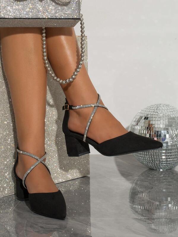 High Heel Pointed Toe Rhinestone Embellished Cross Strappy Shiny Dress Shoes, Suitable For Banquets And Parties, Fashionable And Versatile Hollow-Out Design For Women