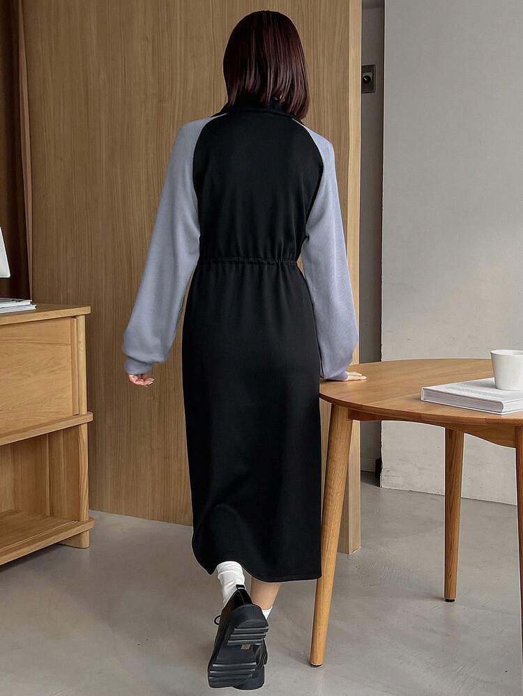 Letter Patched Detail Raglan Sleeve Drawstring Waist Dress Shirt Dress, Fall Dress Long Sleeve Dress