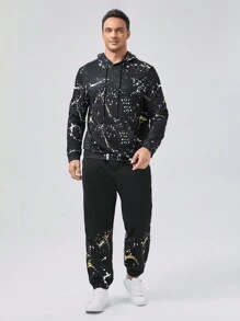 GENTILAND Men Plus Splash Ink Print Drawstring Hoodie - Black - View 3