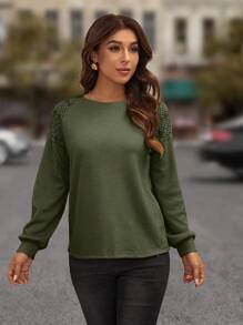 SHEIN LUNE Contrast Lace Raglan Sleeve Tee - Dark Green - View 4