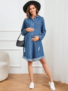 SHEIN 孕婦破洞毛邊牛仔洋裝 - 淺色水洗藍 - 查看 6